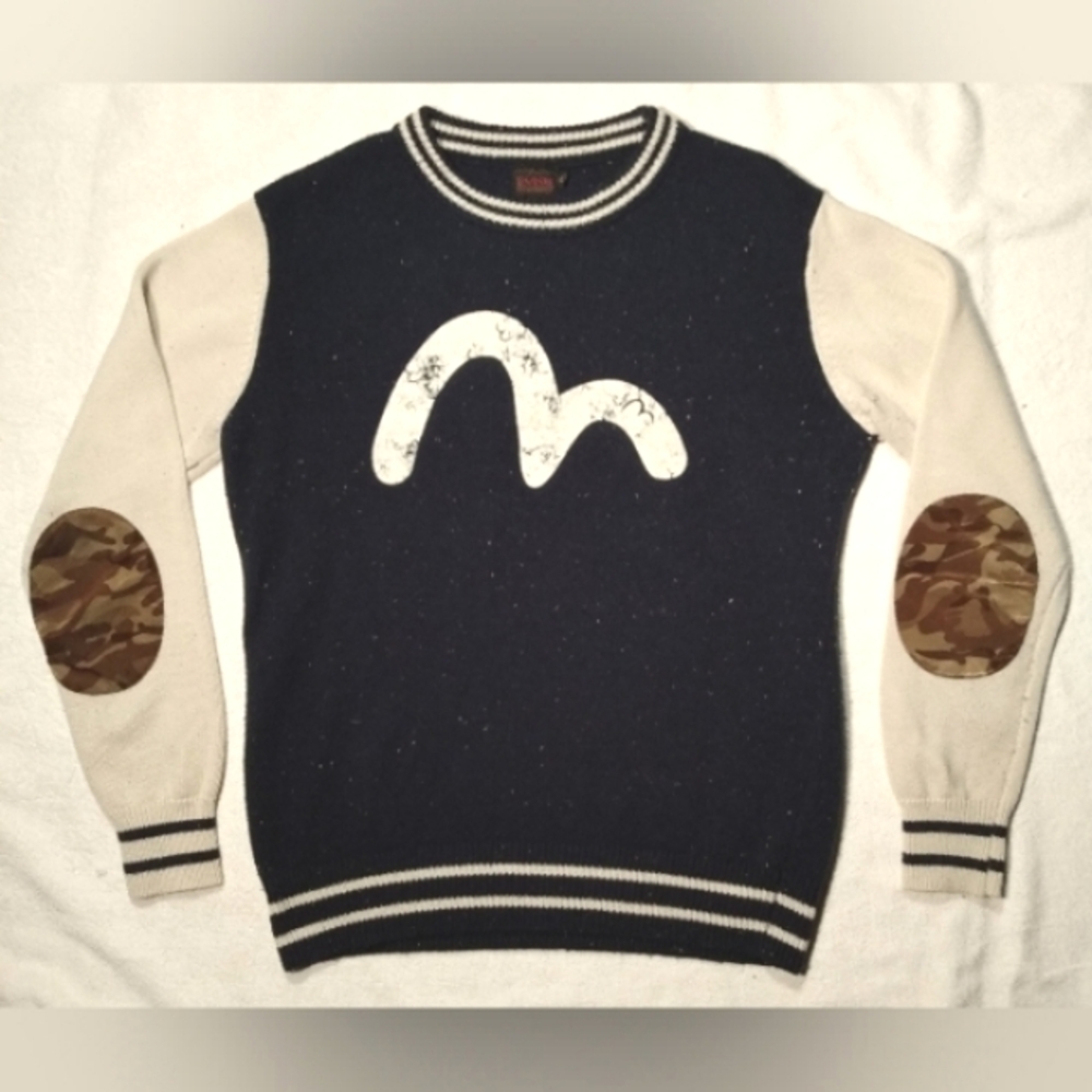 EVISU JAPAN Osaka Rare Camo Elbow Patch Speckled Varsity Ribbed Knit Sweater